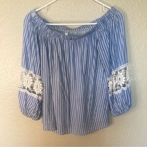 Lapis Coastal Boho Chic Blouse Women’s Large Romantic Blue Feminine Lace Sleeve